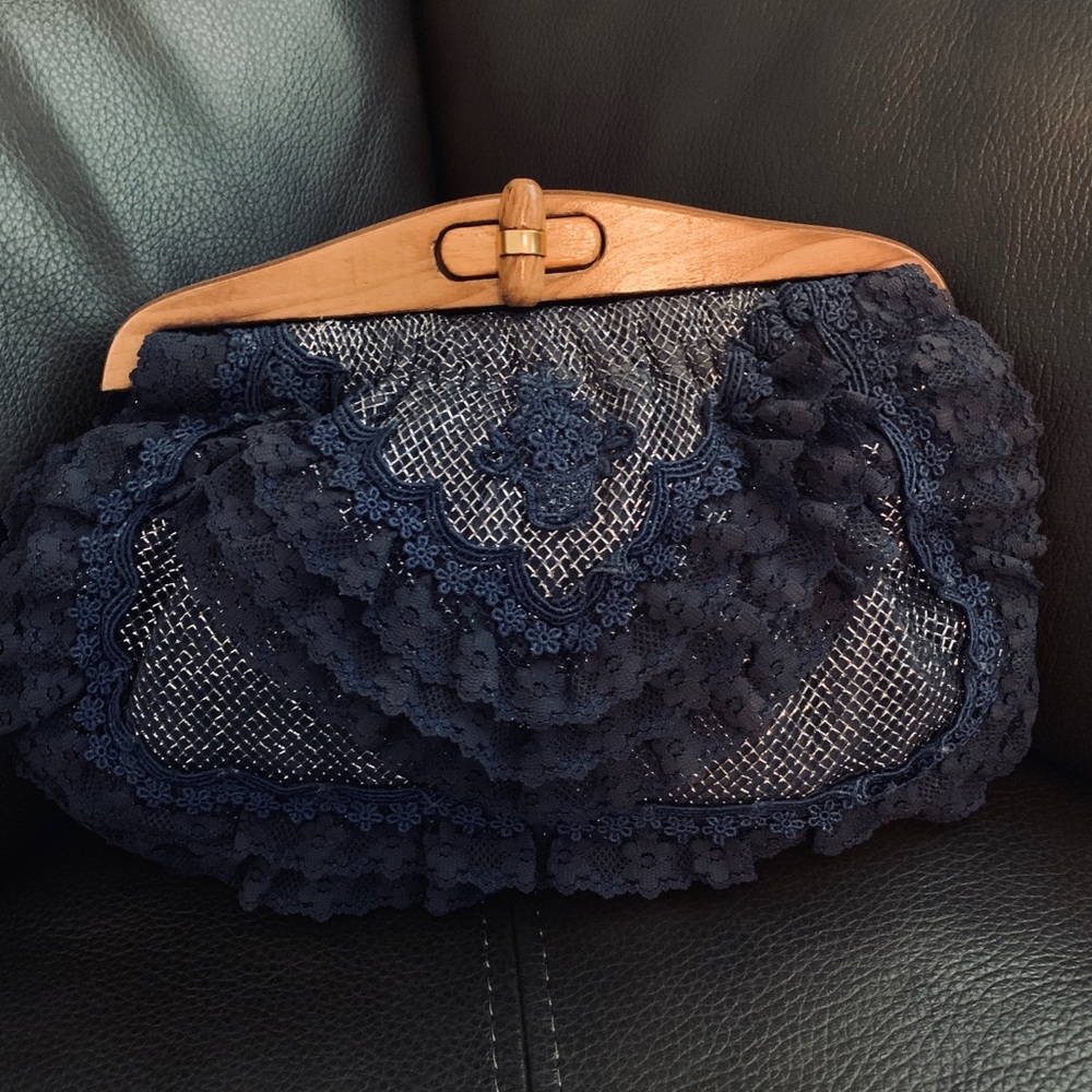 70s Vintage Navy Lace Clutch with Wood Handle